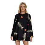 Pattern Design Seamless Fishbone Round Neck Long Sleeve Bohemian Style Chiffon Mini Dress