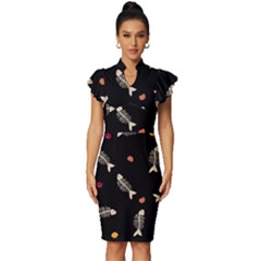 Vintage Frill Sleeve V-Neck Bodycon Dress 