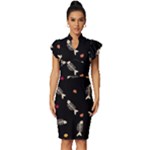 Pattern Design Seamless Fishbone Vintage Frill Sleeve V-Neck Bodycon Dress