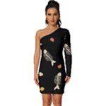 Pattern Design Seamless Fishbone Long Sleeve One Shoulder Mini Dress