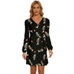 Pattern Design Seamless Fishbone Long Sleeve Waist Tie Ruffle Velvet Dress