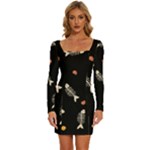 Pattern Design Seamless Fishbone Long Sleeve Square Neck Bodycon Velvet Dress