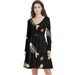Pattern Design Seamless Fishbone Long Sleeve V-neck skater dress with Pockets