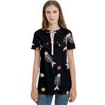 Pattern Design Seamless Fishbone Women s Zip Front V-Neck Short Sleeve Casual Top Pocket Shirt