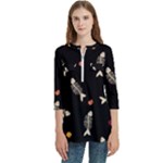Pattern Design Seamless Fishbone Women s Zip Front V-Neck 3/4 Sleeve Casual Top Pocket Shirt
