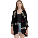 Pattern Design Seamless Fishbone Open Front 3/4 Sleeve Batwing Chiffon Cardigan Kimono