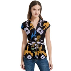 Women s Cap Sleeve Mandarin Collar Waist Tie Blouse 