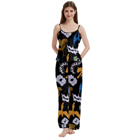 Pattern Design Seamless Texture Spaghetti Top Long Pants Satin Pajamas Set from ArtsNow.com