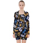 Pattern Design Seamless Texture V-neck Bodycon Long Sleeve Dress