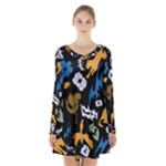 Pattern Design Seamless Texture Long Sleeve Velvet V-neck Dress