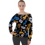Pattern Design Seamless Texture Off Shoulder Long Sleeve Velour Top