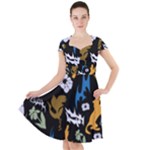 Pattern Design Seamless Texture Cap Sleeve Midi Dress With Pockets
