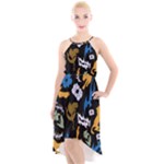 Pattern Design Seamless Texture High-Low Halter Chiffon Dress 