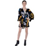 Pattern Design Seamless Texture V-Neck Flare Sleeve Mini Dress