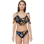 Pattern Design Seamless Texture Ruffle Edge Tie Up Bikini Set	