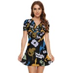 Pattern Design Seamless Texture V-Neck High Waist Chiffon Mini Dress