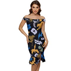 Off Shoulder Ruffle Split Hem Bodycon Dress 