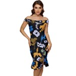 Pattern Design Seamless Texture Off Shoulder Ruffle Split Hem Bodycon Dress