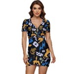 Pattern Design Seamless Texture Low Cut Cap Sleeve Mini Dress