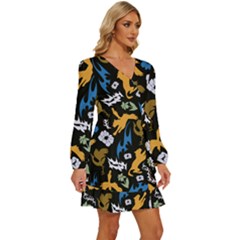 Long Sleeve Waist Tie Ruffle Velvet Dress 