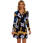 Pattern Design Seamless Texture Long Sleeve Deep V Mini Dress 