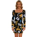 Pattern Design Seamless Texture Long Sleeve Square Neck Bodycon Velvet Dress