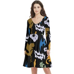 Long Sleeve V-neck skater dress with Pockets 