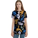 Pattern Design Seamless Texture Women s Zip Front V-Neck Short Sleeve Casual Top Pocket Shirt