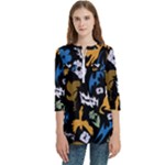 Pattern Design Seamless Texture Women s Zip Front V-Neck 3/4 Sleeve Casual Top Pocket Shirt