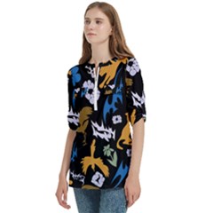 Women s Zip Front V-Neck 3/4 Sleeve Casual Top Pocket Shirt 