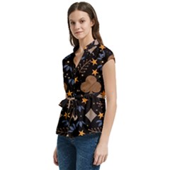 Women s Cap Sleeve Mandarin Collar Waist Tie Blouse 