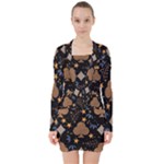 Seamless Pattern Repeat Repetition V-neck Bodycon Long Sleeve Dress