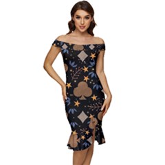 Off Shoulder Ruffle Split Hem Bodycon Dress 