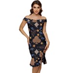 Seamless Pattern Repeat Repetition Off Shoulder Ruffle Split Hem Bodycon Dress
