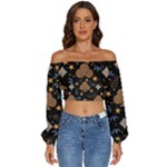 Seamless Pattern Repeat Repetition Long Sleeve Crinkled Weave Crop Top