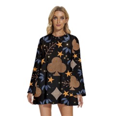 Round Neck Long Sleeve Bohemian Style Chiffon Mini Dress 