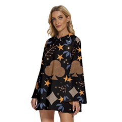 Round Neck Long Sleeve Bohemian Style Chiffon Mini Dress 