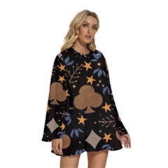Round Neck Long Sleeve Bohemian Style Chiffon Mini Dress 