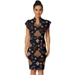 Seamless Pattern Repeat Repetition Vintage Frill Sleeve V-Neck Bodycon Dress
