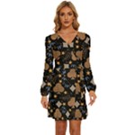 Seamless Pattern Repeat Repetition Long Sleeve Waist Tie Ruffle Velvet Dress