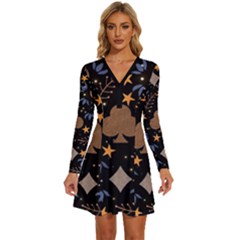 Long Sleeve Deep V Mini Dress  