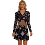 Seamless Pattern Repeat Repetition Long Sleeve Deep V Mini Dress 