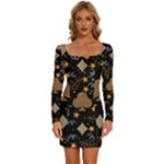 Seamless Pattern Repeat Repetition Long Sleeve Square Neck Bodycon Velvet Dress