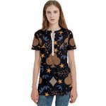 Seamless Pattern Repeat Repetition Women s Zip Front V-Neck Short Sleeve Casual Top Pocket Shirt