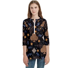 Women s Zip Front V-Neck 3/4 Sleeve Casual Top Pocket Shirt 