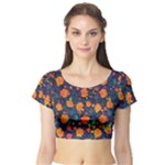 Mid Century Retro Floral 1970s 1960s Pattern 61 Short Sleeve Crop Top