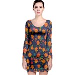 Mid Century Retro Floral 1970s 1960s Pattern 61 Long Sleeve Bodycon Dress