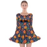 Mid Century Retro Floral 1970s 1960s Pattern 61 Long Sleeve Skater Dress