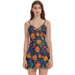 Mid Century Retro Floral 1970s 1960s Pattern 61 Body Wrap Sleeveless V-Neck Mini Dress