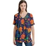 Mid Century Retro Floral 1970s 1960s Pattern 61 V-Neck Split Shoulder Casual T-Shirt